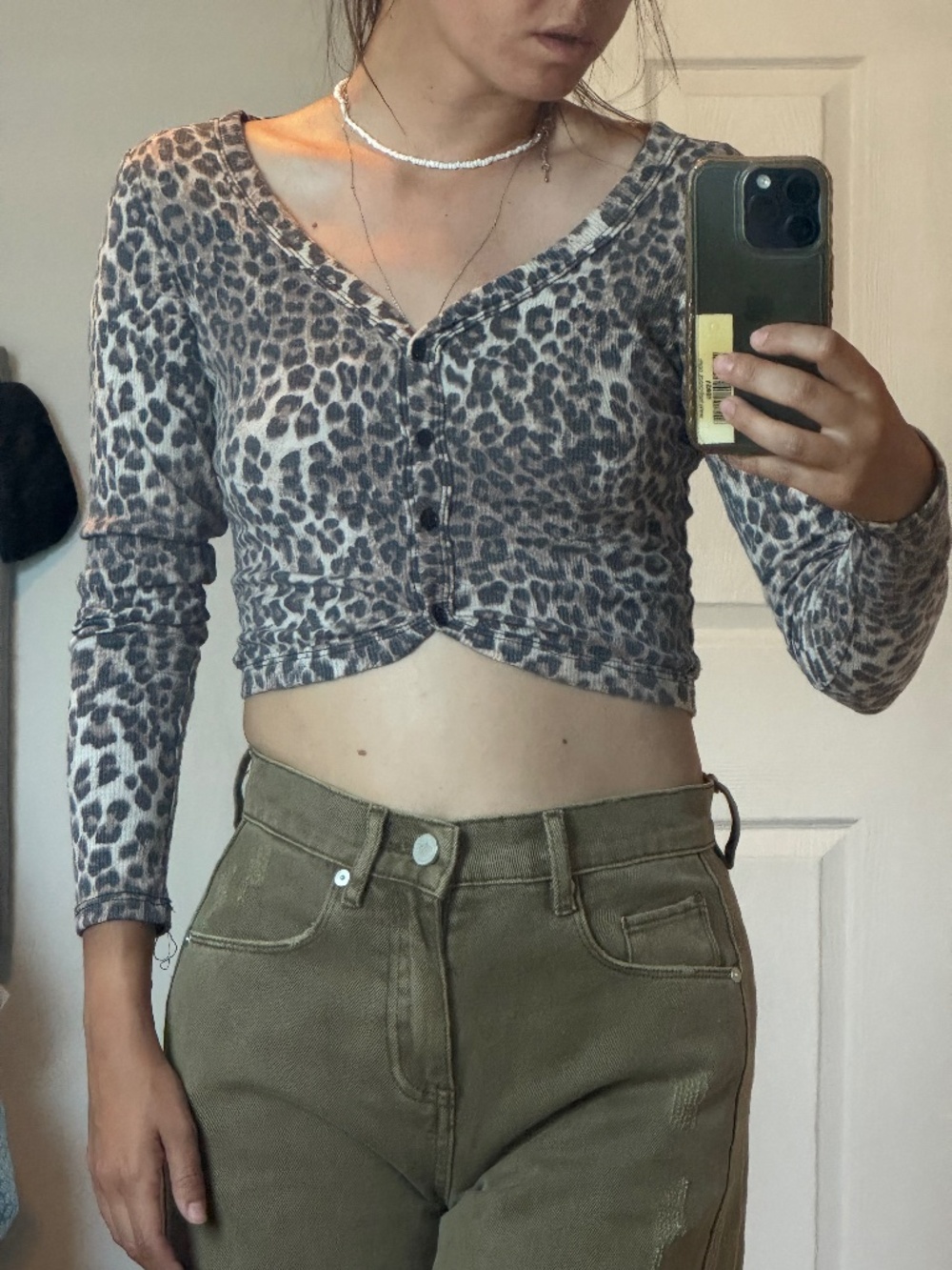 Leopard Print Long Sleeve Cropped Henley Top XS
